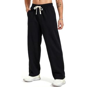 ZUY Men's Baggy Fleece Sweatpants Cotton Lounge Open Bottom Athletic Pants Straight Leg Drawstring with Pockets (Black, S)