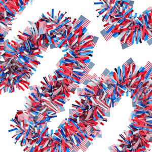 4 Pack 26.4 ft Red White Blue Patriotic Tinsel Garland with American Flags, Metallic Foil Fringe Banner Streamers for 4th of July, Memorial Day, Veterans Day, Independence Day, and Parade Decorations