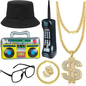 GIFIKOI 80s 90s Hip Hop Costume Outfit Kit Mobile Phone Inflatable Radio Box Necklace Bracelet Ring Glasses Hat Rapper Costumes Accessories Set (Black)