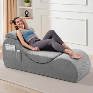 Yoga Chair Lounge for Adult, Ergonomic Chaise Lounge Chair with Side Pocket, Headrest, Waist Pad, Perfect for Stretching, Massage, and Relaxation, Used in Living Room, BedroomGrey