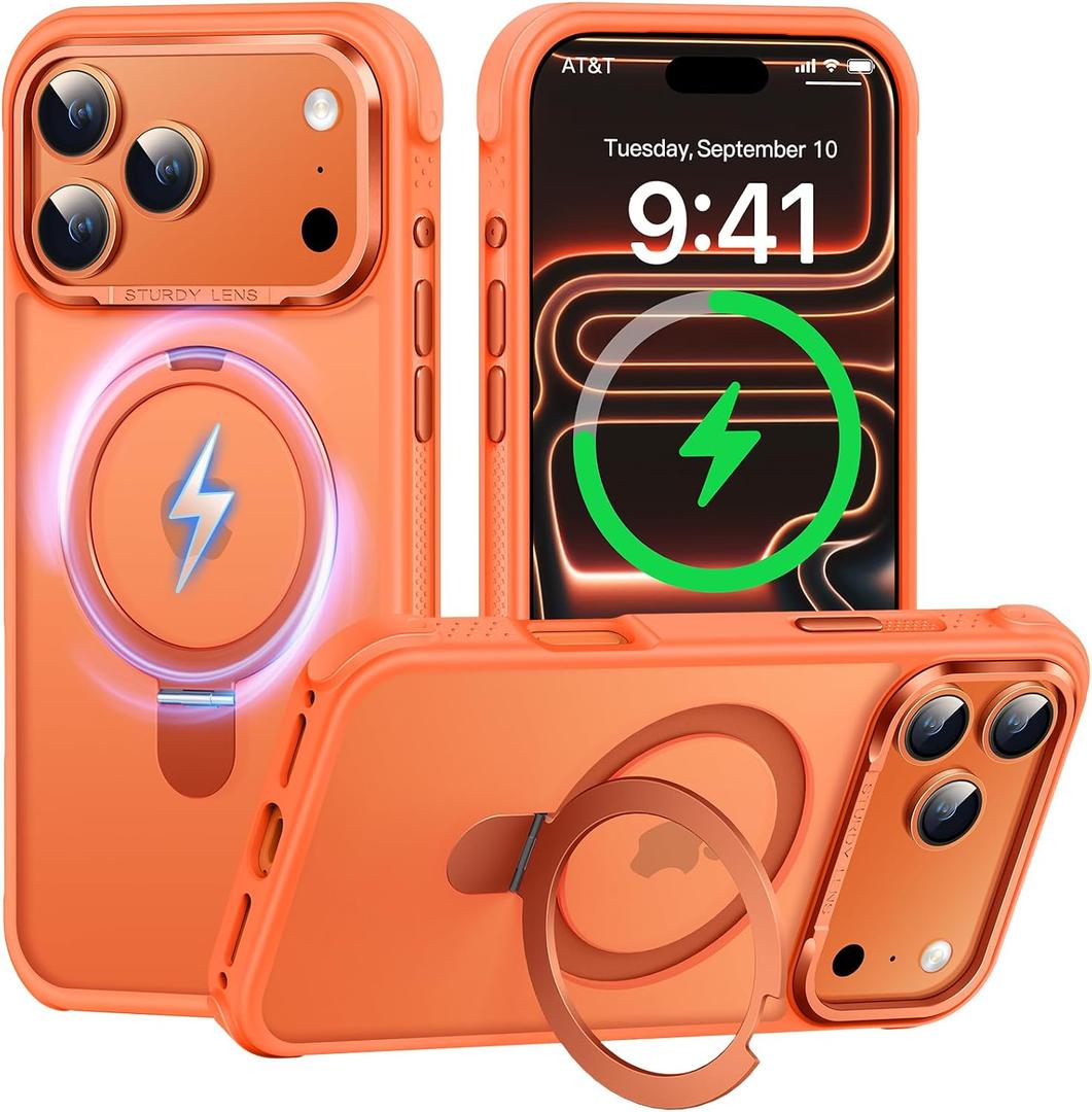 Case for iPhone 17 pro, with Invisible Magnetic Stand, Mil-Grade Drop Protection, Non-Slip, Anti Fingerprint Anti Scratch, Shockproof Matte Phone Case (Orange)