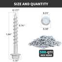 SD Connector Screws, #9 x 1-1/2" Heavy Duty Joist Hanger Screws, 1/4" Hex Head, 0.380" Dia, 10D Nail Replacement, Mechanical Galvanized, 1500-Hour Salt Spray Tested, 500 Count