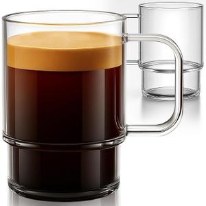 Aquach 22oz Stackable Glass Mugs with Handle, Set of 2 - Large Clear Coffee Cups for Latte, Cappuccino, Mocha, Americano, and Tea