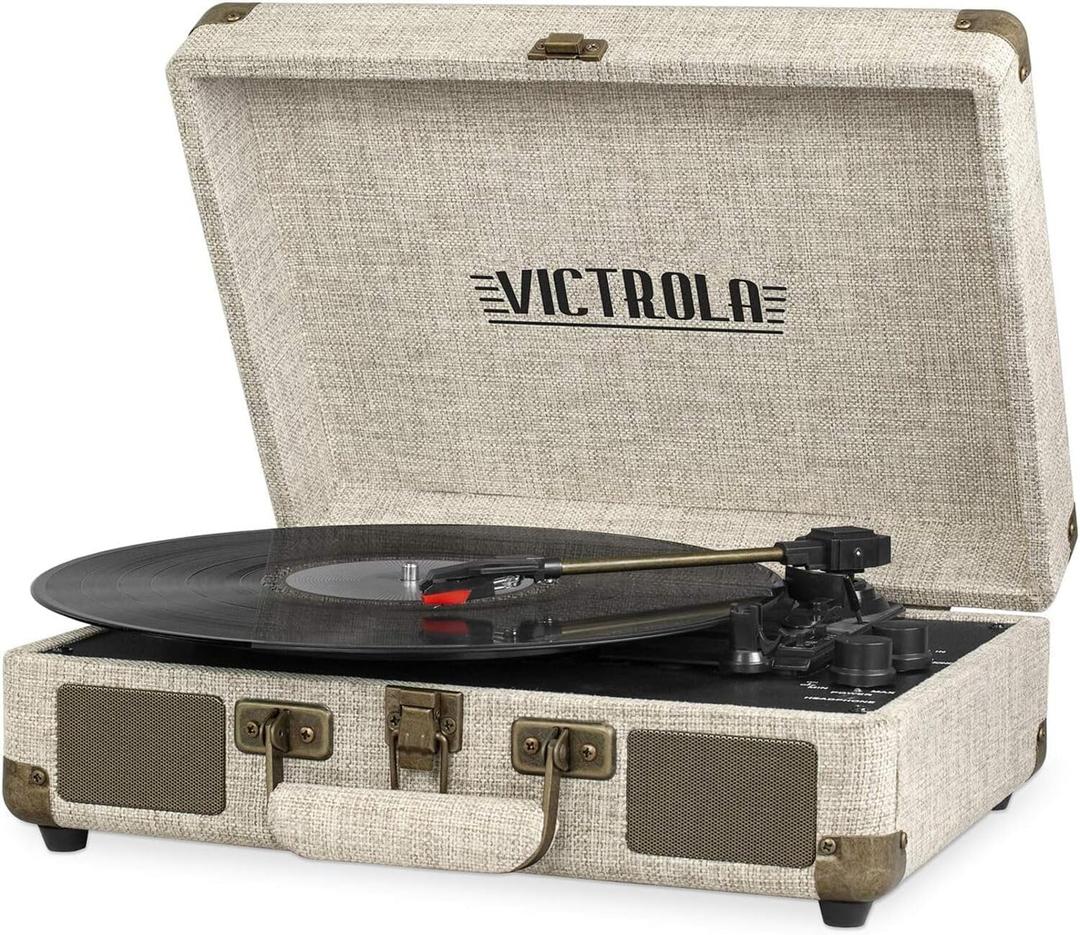 Victrola Journey Bluetooth Portable Suitcase Record Player  with Built-in Speakers, 3 Speed Vinyl Record Player, RCA Out, Headphone Jack (Light Beige Linen)