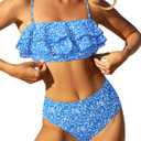 ZAFUL Layered Ruffle Bikini for Women High Waisted Bikini Sets Spaghetti Bandeau Swimsuits Padded Bathing Suit (Small, Floralblue)