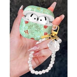 Coralogo for AirPods 4 Case with Pearl Keychain - Cute Women Glitter Shell Design Cover Girls Girly Pretty Stylish Kawaii Girlish Protective for Apple for AirPods 4 Case, Mushroom Leaves