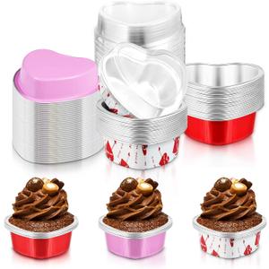 Cunhill 30 Sets Heart Shaped Cake Pans with Lids, 3.4 Ounces/ 100 ml, Aluminum Foil Mini Disposable Heart Cupcake Pans for Valentine's Day Wedding Parties Gift (Red,Pink,White)