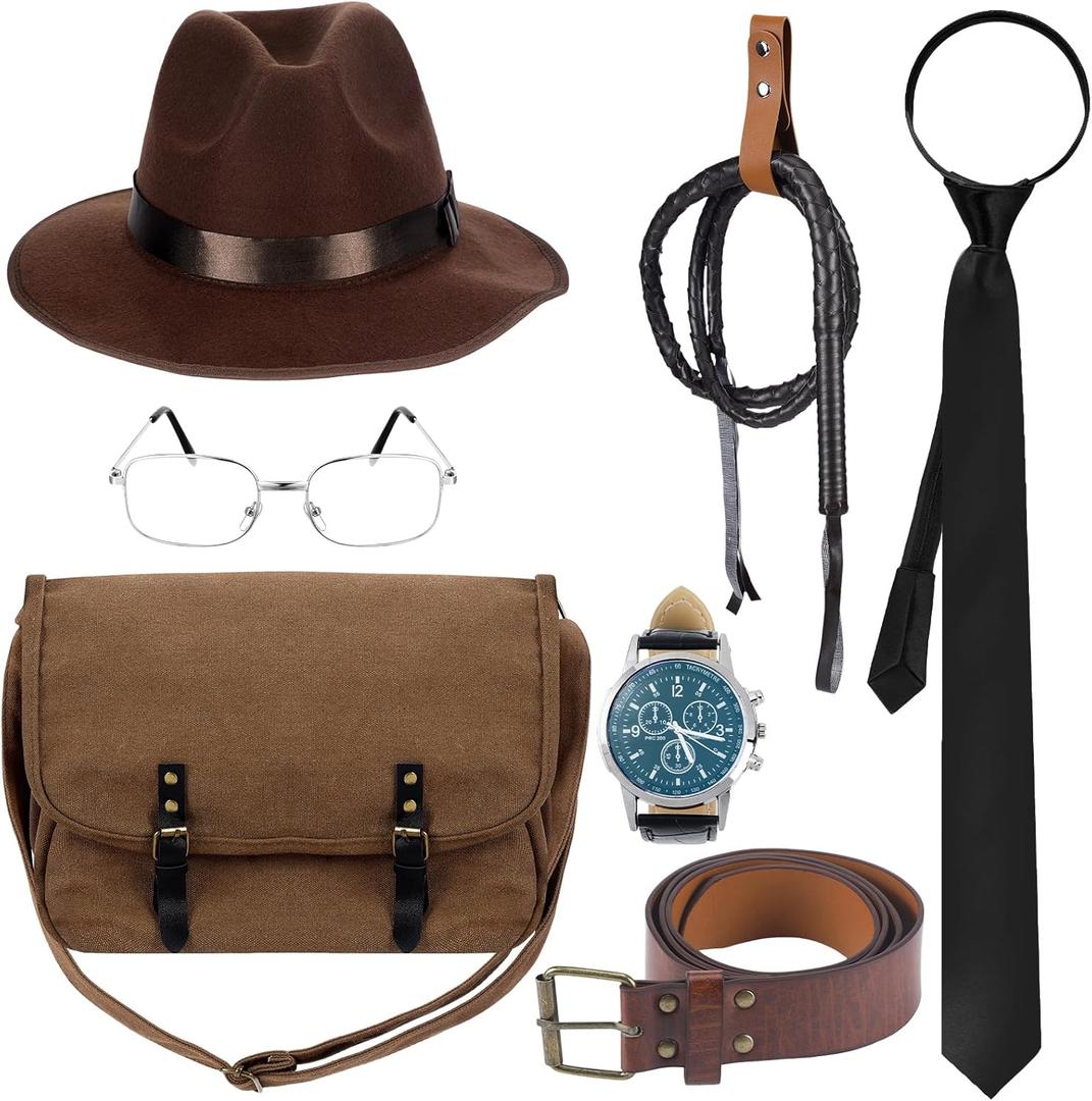 8 Pcs Halloween Adventurer Costume Accessories for Men Steampunk Hat Whip Adult Cowboy Outfits Cosplay