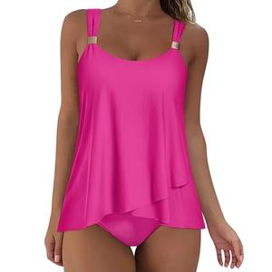 SUUKSESS Women Ruffle High Waisted Tankini Swimsuits Slimming Tummy Control Bathing Suits 2 Piece (Hot Pink, XL)