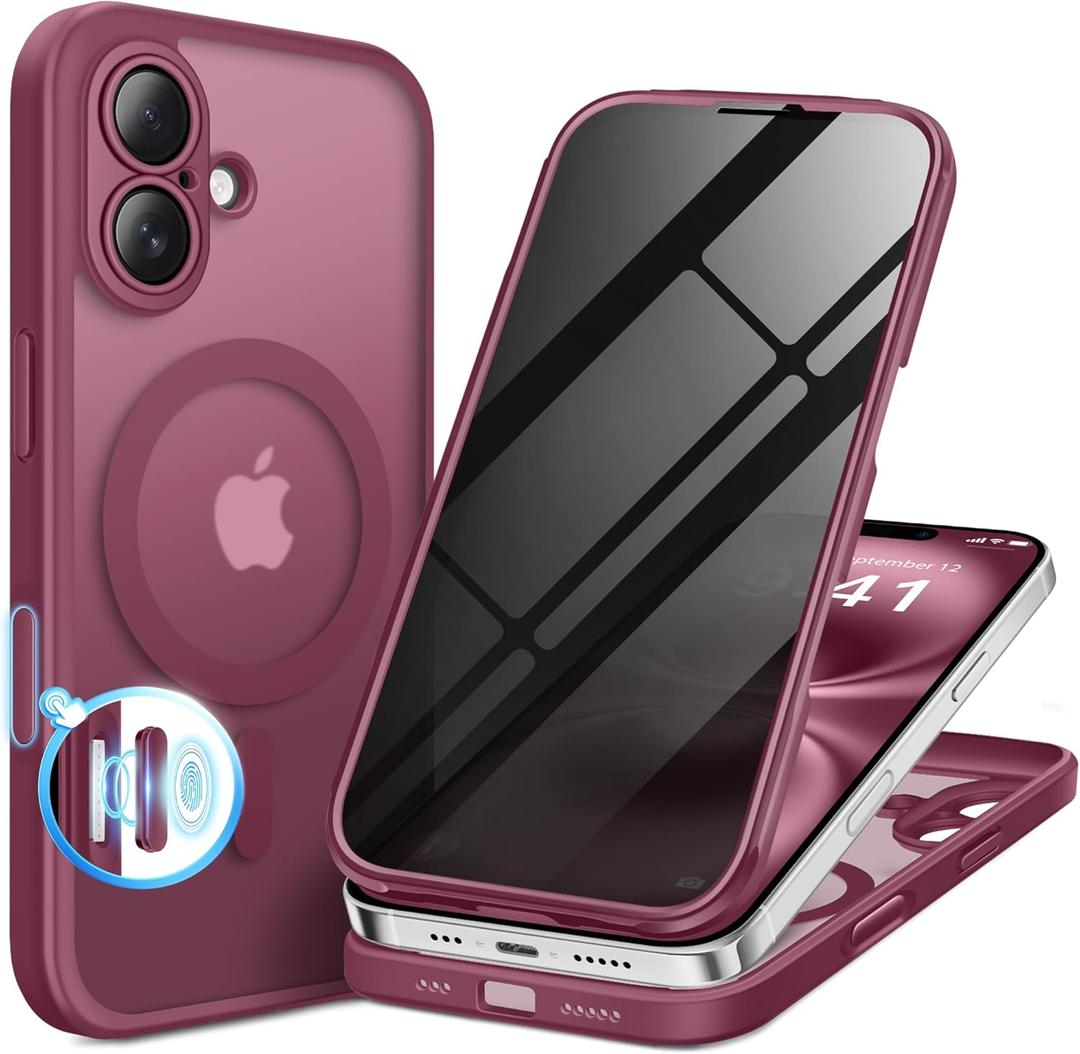 BERFY for iPhone 16 Case, Compatible with MagSafe, Built-in Privacy Screen Protector and Camera Protection, Anti-Spy Full Body Shockproof Phone Case for 16 6.1", Matte Dark Red