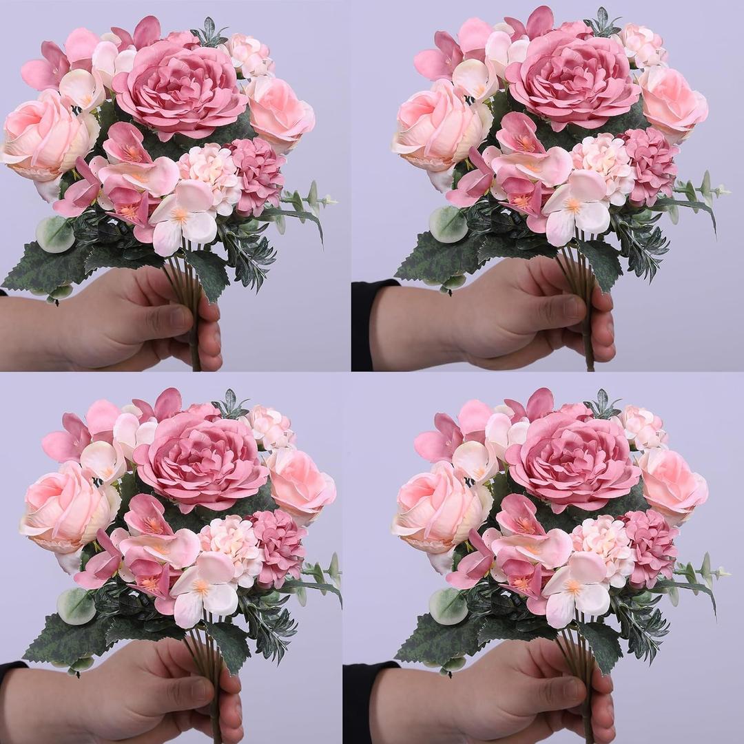 4 Pack Artificial Peony Flowers, Silk Peonies Flowers Fake Peonies Artificial Flowers Peonies Hydrangea Bouquet for Centerpiece Table Wedding Party Home Decor(Rose + Pink)