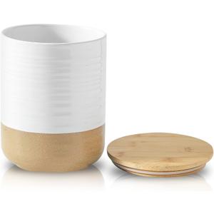 HASENSE 80oz White Ceramic Food Storage Jar with Bamboo Lid – 7.5 Inch Minimalist Kitchen Canister for Pantry, Dry Goods, Sugar, Tea, Flour – Airtight Wide Mouth Container with Natural Base