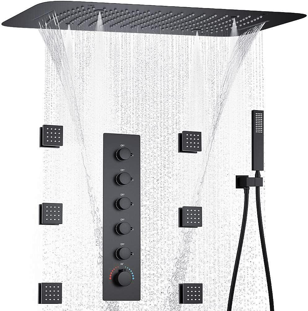 AYIVG Matte Black Full Body Shower System 3 In 1 Multi Function Rainfall Waterfall Ceiling 16 X 24 Inch Shower Head Brass 5 Way Thermostatic Shower Faucet with Handheld 6 Body Jets