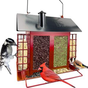 Bird Feeders for Outdoors, Double Suet Feeder with 2 Seed Trays for Woodpecker Cardinal Finch and Wild Birds, Weatherproof & Durable, 5.5 LBS Large Seed Capacity (Red)