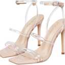 Elisabet Tang 4 inch Stylish Ankle Strap Stiletto Sandals for Women - Sexy Square Open toe Gladiator High Heels for Party Commuting Daily Use (9, Clear)