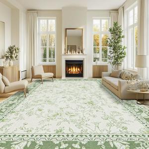 Green Boho 9x12 Rug Living Room Extra Large Washable Non Slip Soft Faux Wool Farmhouse Carpet for Bedroom Dining Room Playroom Cream Beige and Green Peony Lily Aesthetic Pattern Floral Area Rug