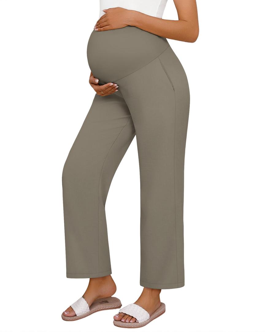 Huukeay Women's Cotton Linen Blend Maternity Pants, High Waisted Lounge Pregnancy Pants Over the Belly Trousers with Pockets(Mocha,X-Large)