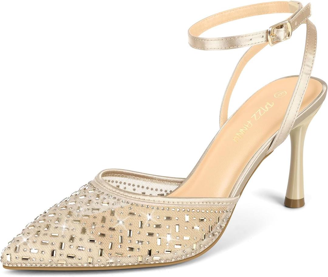 PIZZ ANNU Women's Cienna High Heels Sexy Stiletto Pumps Closed Toe Mesh Sparkly Rhinestones Ankle Strap Dress Wedding Party Pumps Shoes (10, Apricot)