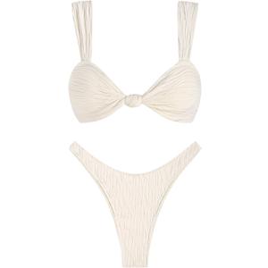 ZAFUL 2025 Cheeky Bikini Sets for Women High Cut Swimsuit Textured Ribbed Bikini Thong Bathing Suit (Small, White)