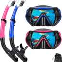 Snorkeling Gear for Adults, Dry Snorkel Mask Set, Scuba Diving Snorkle mask Set Adult, Panoramic Wide View Anti-Fog Dive mask, Swimming Diving Snorkeling Packages (Blue+pink2 set)