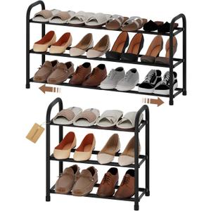 Expandable Shoe Rack, 3-Tier Metal Small Shoe Rack, Adjustable Shoes Organizer, Storage Shelf for Closet, Entryway, Black