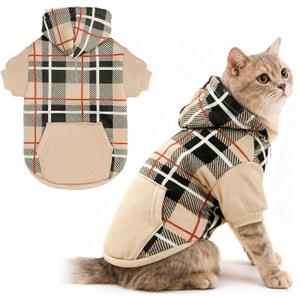 EXPAWLORER Plaid Cat Hoodie - British Style Warm Cat Sweater Shirt with Leash Hole, Pet Clothes Outfits, Winter Coat Apparel for Puppy Cats Girl Boy-Kitten Apparel, Beige M