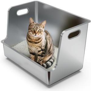 One-Piece Stainless Steel Litter Box, 14.5" High-Side XL Metal Cat Litter Box, Extra Wide Entry Pet Toilet, Cat Litter Station with Wheels, Easy to Move, Non-Stick, No Odor, for Big or Multiple Cats