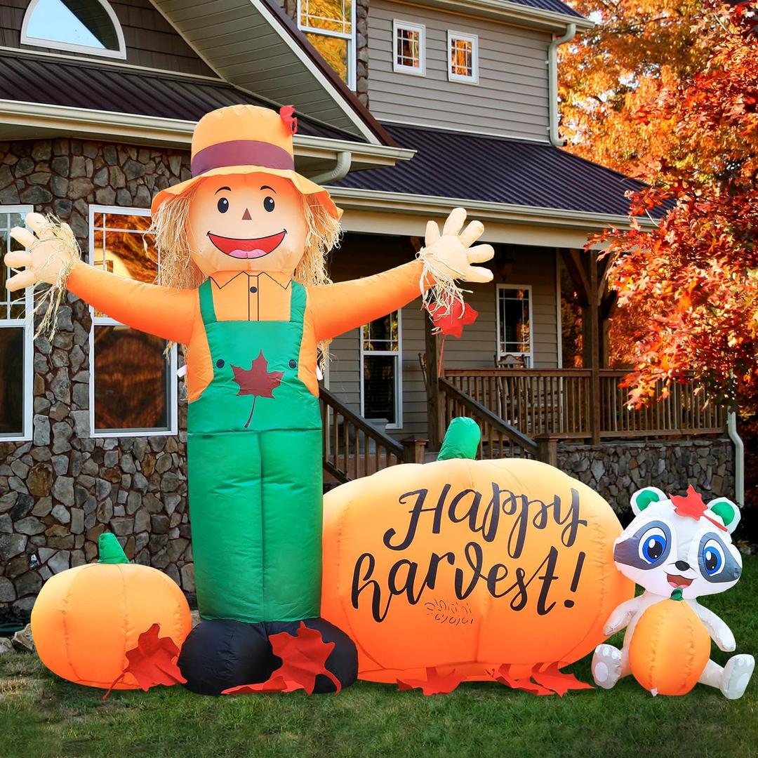 6ft Tall LED Lighted Inflatable Scarecrow and Pumpkin – Halloween Thanksgiving Fall Yard Decoration with Built-in Lights – Outdoor Blow Up Decor for Lawn, Garden, Party