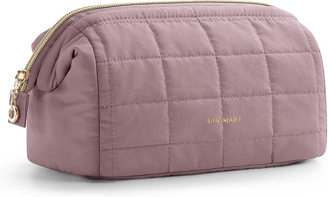 BAGSMART Makeup Bag Travel Cosmetic Bag, Puffy Padded Make Up Bags for Women Makeup Organizer Case, Wide-open Pouch Purse Travel Essentials Toiletries Accessories Brushes, Grayish Purple