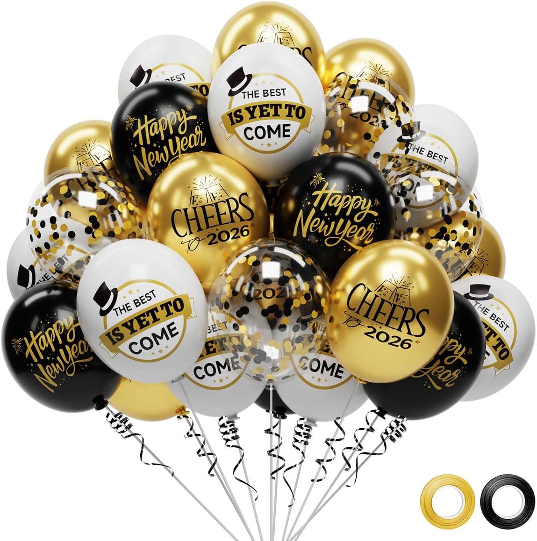 3 x 62 Pack Black and Gold New Years Balloons 2026 New Years Decorations - 12 Inch New Year Eve Party Supplies 2026 New Year Eve Balloons with Ribbons - Black Gold Nye Party Decorations Nye Balloon