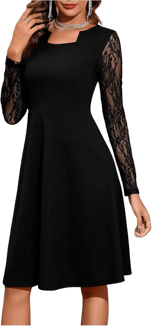 SweatyRocks Women's Lace Long Sleeve Dress A Line Knee Length Elegant Flared Dresses