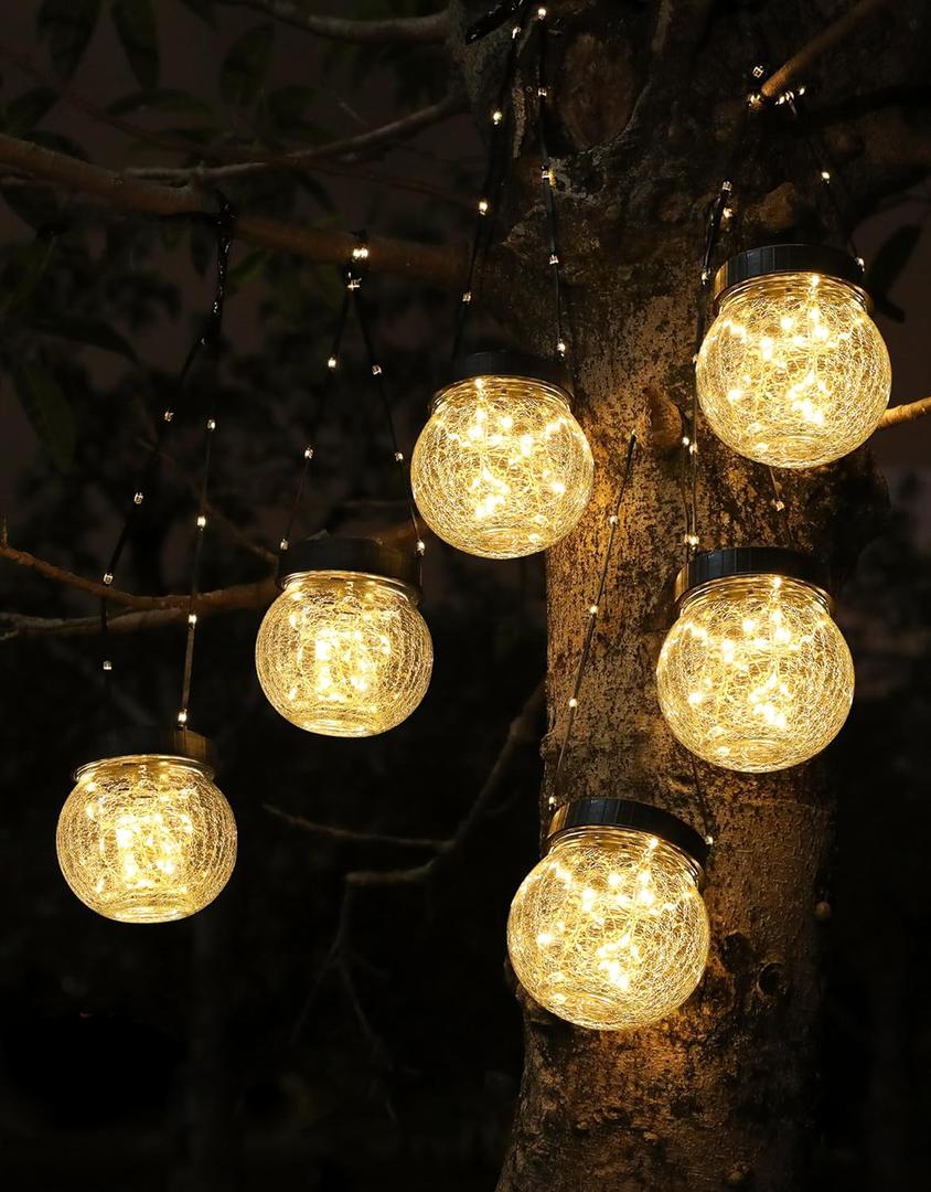 Solar Lanterns Solar Lights Outdoor Waterproof 6-Pack, Solar Powered Hanging Lights Cracked Glass Hanging Globes for Christmas Decoration, Shepherd Hook, Garden Tree Ornaments (Black Cap Warm White Light)