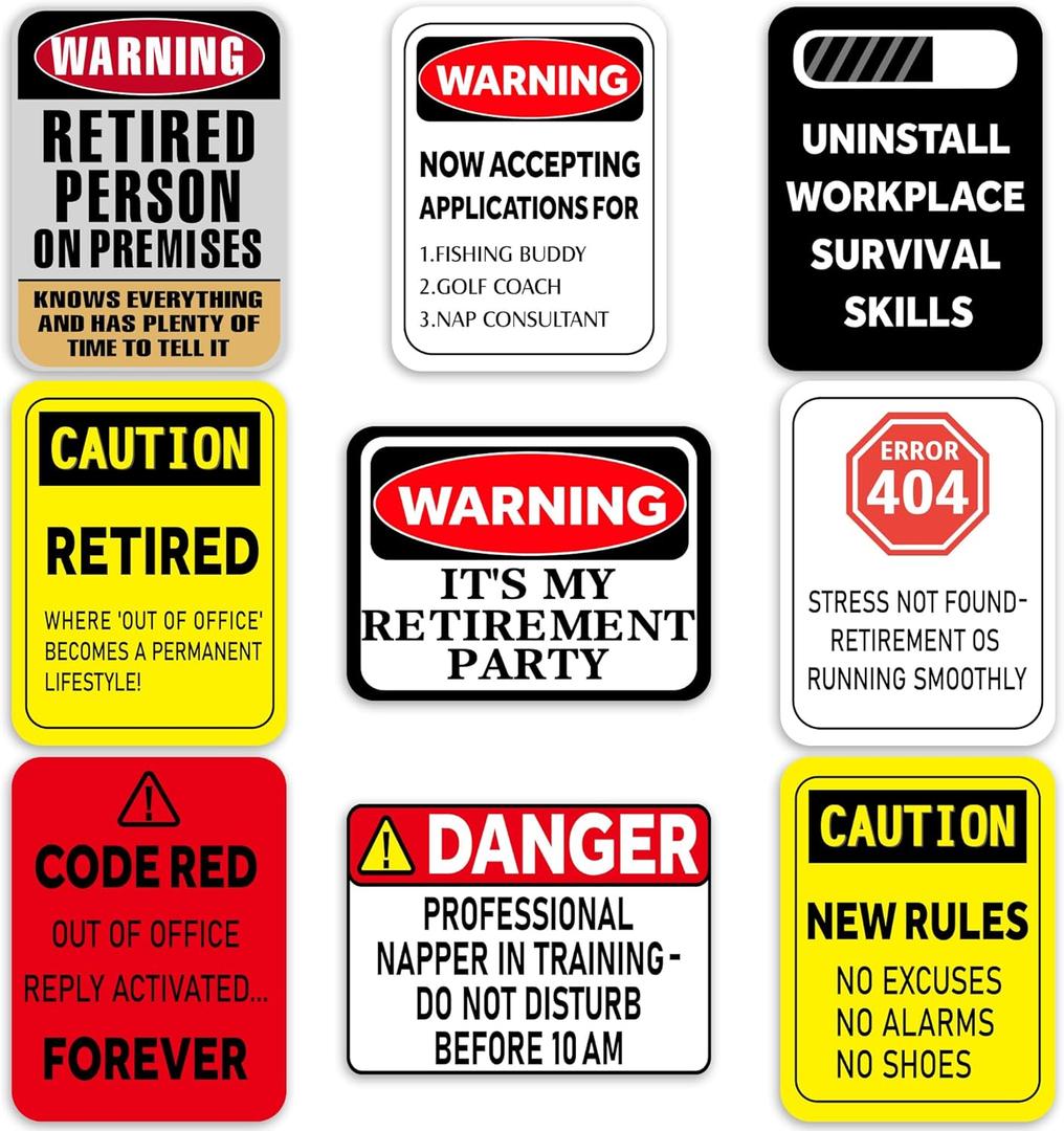 2 x Happy Retirement Party Decorations - 9PCS Signs, Retirement Gifts for Women & Men, Table Centerpieces Yellow Caution Logos on Door Windows Yard Garden Warning Retired Person On Premises Sign