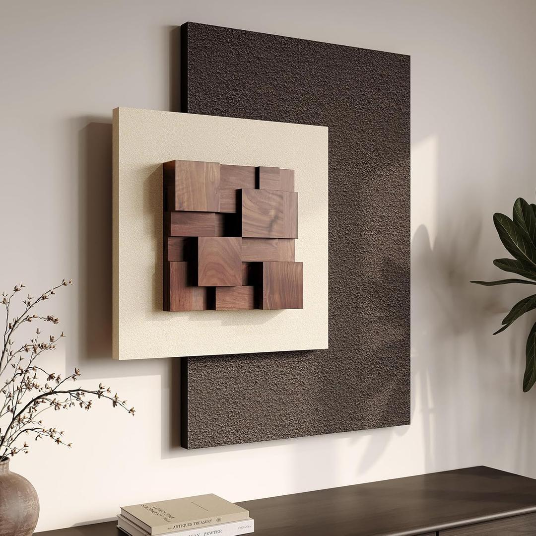 3D Wood Textured Large Neutral Abstract Wall Art, Modern Beige Brown Geometric Paintings Artwork for Walls-Minimalist Wooden Wall Art Decor for Living Room Hallway Dining Room Bedroom Office Aesthetic 36x24