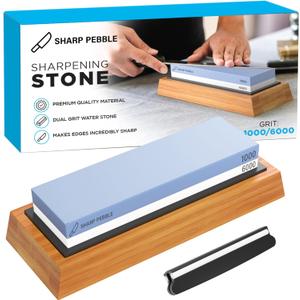 Sharp Pebble Premium Whetstone Knife Sharpening System  1000/6000 Grit Whetstone Knife Sharpener & Honing Kit with Angle Guide & Non-Slip Bamboo Base  Guided Beginner Instructions