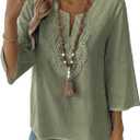 EVALESS Boho Tops for Women Blouses Dressy Casual V Neck 3/4 Sleeve Shirts Spring Outfits Trendy Vacation Clothes (Green, M)