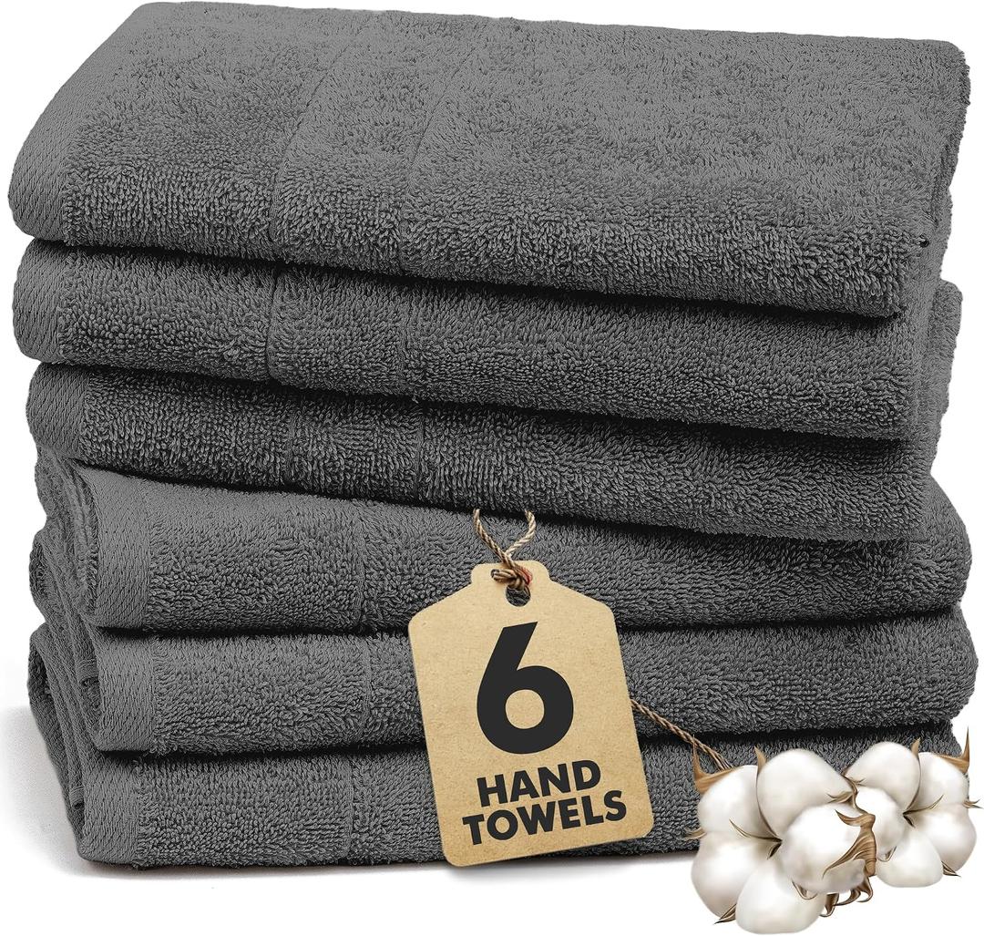 100% Ring Spun Cotton Hand Towels for Bathroom – 550 GSM Soft & Absorbent Towel Set– Pack of 6 Small Towel (34x20in) – Quick Dry Luxury Cotton Hand Towels – Dark Grey