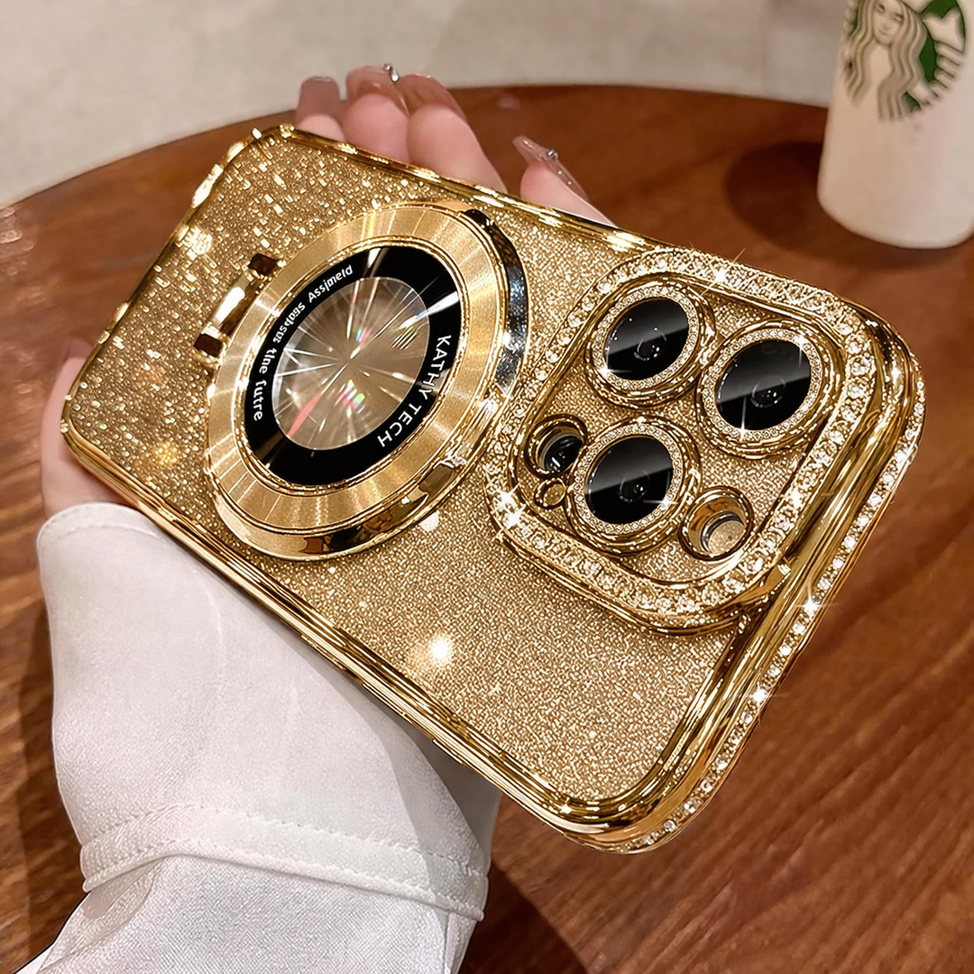 SMARTFOX Magnetic Kickstand Case for iPhone 14 Pro Max with Glitter Lens Protector, Compatible with Magsafe, Luxury Bling Diamond Cover Glitter Phone Case Women (Gold, for iPhone 14 Pro Max 6.7")