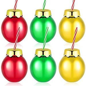 Suclain 6 Pcs Christmas Plastic Balls Cups with Lids and Straws 12oz Glittering Christmas Ornament Cups Red Green Ball Shaped Drinking Balls for Xmas Party Decoration (Gold,Green,Red)