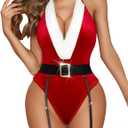 RSLOVE Christmas Costumes for Women Sexy Red Teddy Bodysuit One Piece Santa Babydoll With Belt (Small)