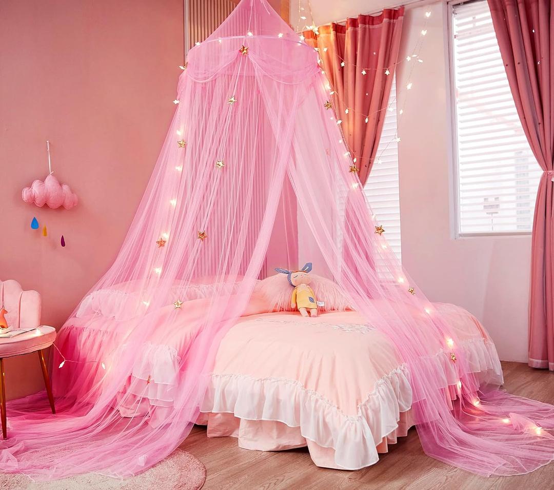Bed Canopy for Girls with Star Lights,Princess Canopy Bed Curtains Mosquito Net with Gold Star for Girls Room Decor, Canopy for Bed Twin Single Full Queen Size Bed (Pink)