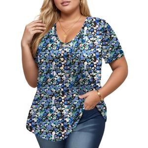 DOLNINE Womens Plus Size Tops Casual Pleated Front V Neck Button Summer Loose Fit Shirts XL-5XL (XX-Large, Yh004)