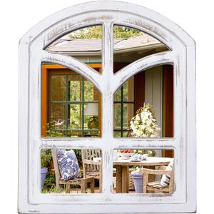 Rustic Wood Mirror - Arched Windowpane, Farmhouse Style with Whitewashed Frame, Perfect for Entryway or Bedroom