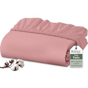 Royale Linens 100% Organic Cotton Fitted Sheet - Percale Weave - Super Soft Deep Pocket Bottom Sheets - Pink Elastic Sheet Twin Size - Twin Fitted Sheets Only - (39"x75"+15", Pink)