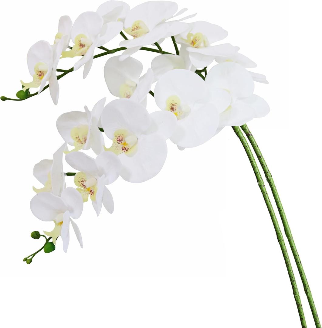 Htmeing 38 Inch Artificial Phalaenopsis Flowers Branches Real Touch (Not Silk) Orchids Flowers for Home Office Wedding Decoration,Pack of 2 (White)