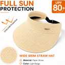 Women's Wide Brim Sun Hat Straw Sun Visor Hat, Natural Straw, Visor Cap UPF 50 Protection, Foldable Beach Hat with Ponytail