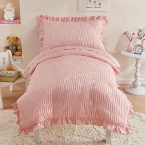 Cozyholy 4 Piece Textured Seersucker Toddler Bedding Set Girls Crib Sheets Set Pink Ruffle Baby Bed Comforter Set Lightweight Bed in a Bag | Include Comforter, Flat Sheet, Fitted Sheet, Pillowcase