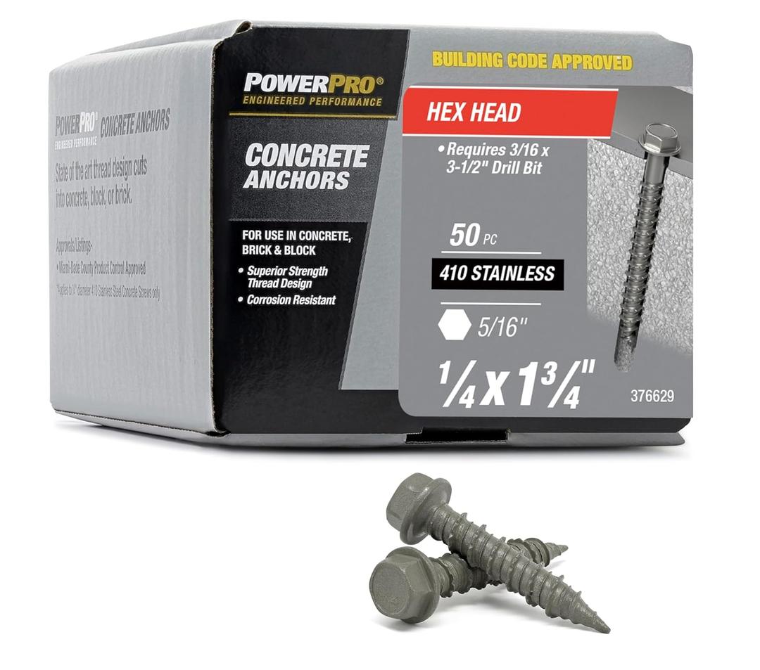 Power Pro Concrete Screw Anchors #410 Stainless Hex Washer (1/4" x 1-3/4") 100-Piece
