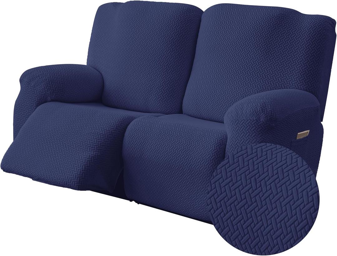 Genina Recliner Loveseat Covers, Stretch Reclining Sofa Covers, 2 Seater Couch Cushion Stripe Jacquard Recliner Slipcovers - Furniture Protector Covers for Pet Kid (Navy Blue) (48-64 in 2 Seater)