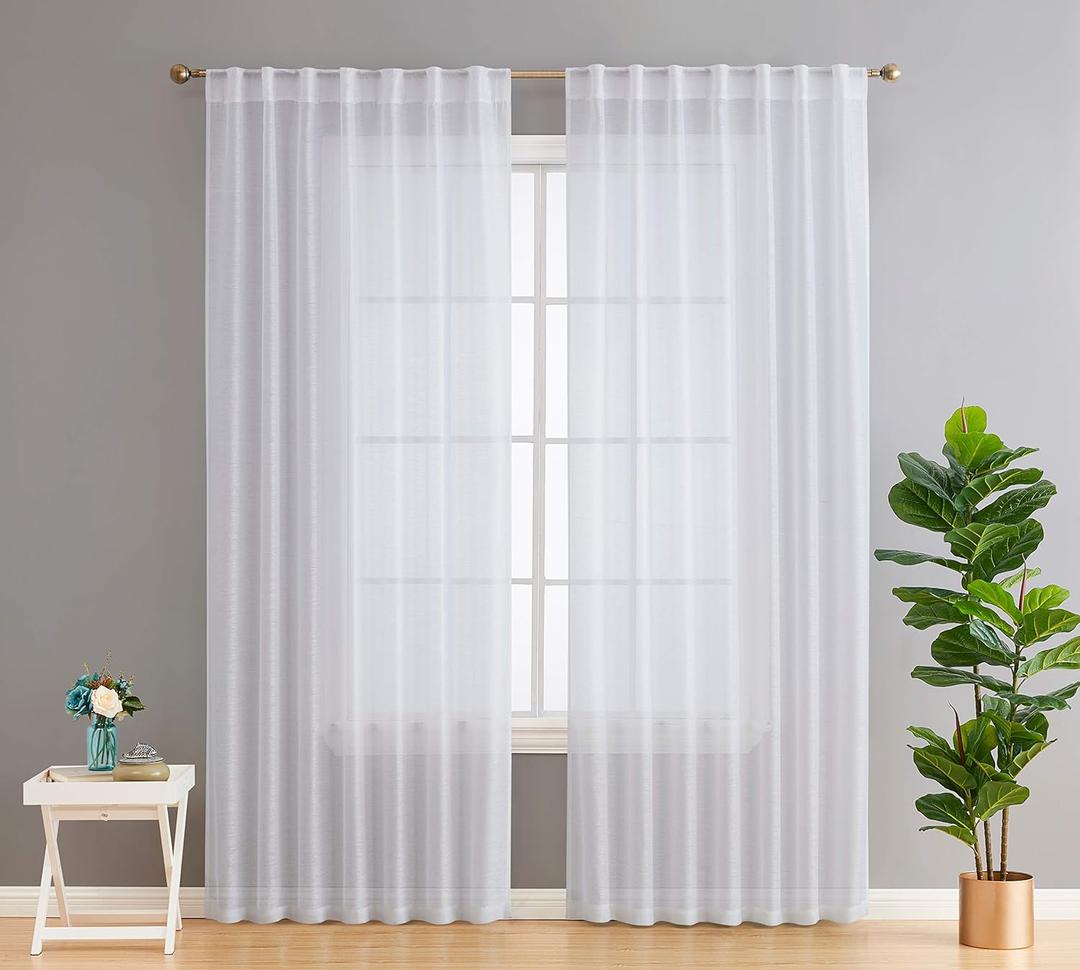HLC.ME Lauren Semi Sheer Light Filtering Transparent Pocket Top & Back Tab Lightweight Long Window Curtains Drapery Panels Bedroom & Living Room, 2 Panels (54 x 96 Inch, White)